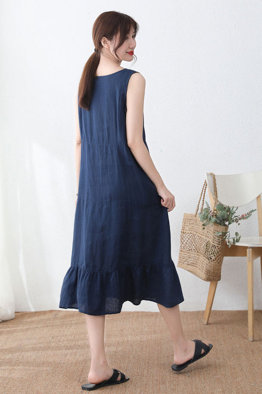 Dark Blue Linen Cotton A-Line Sleeveless Dress - V Neck Ruffle Hem C2331