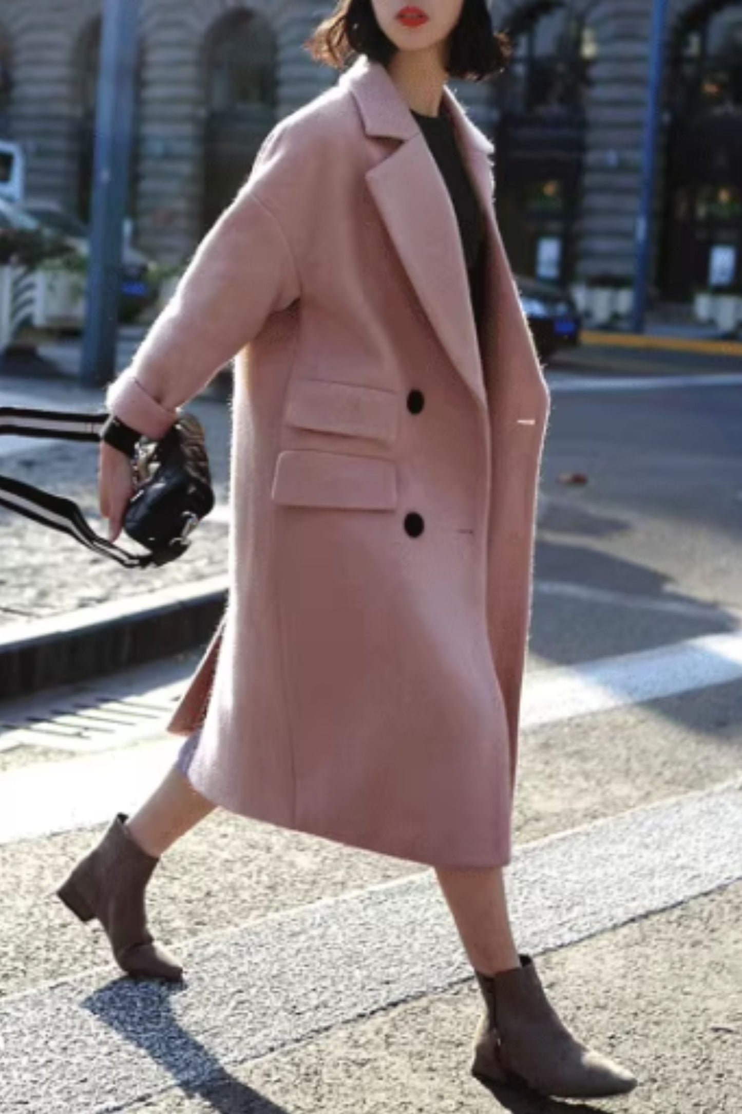 Pink warm long trench wool coat C5162