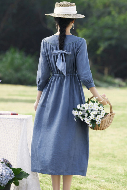 Light Blue Linen Midi Dress - Elastic Waist with Round Neck C3890