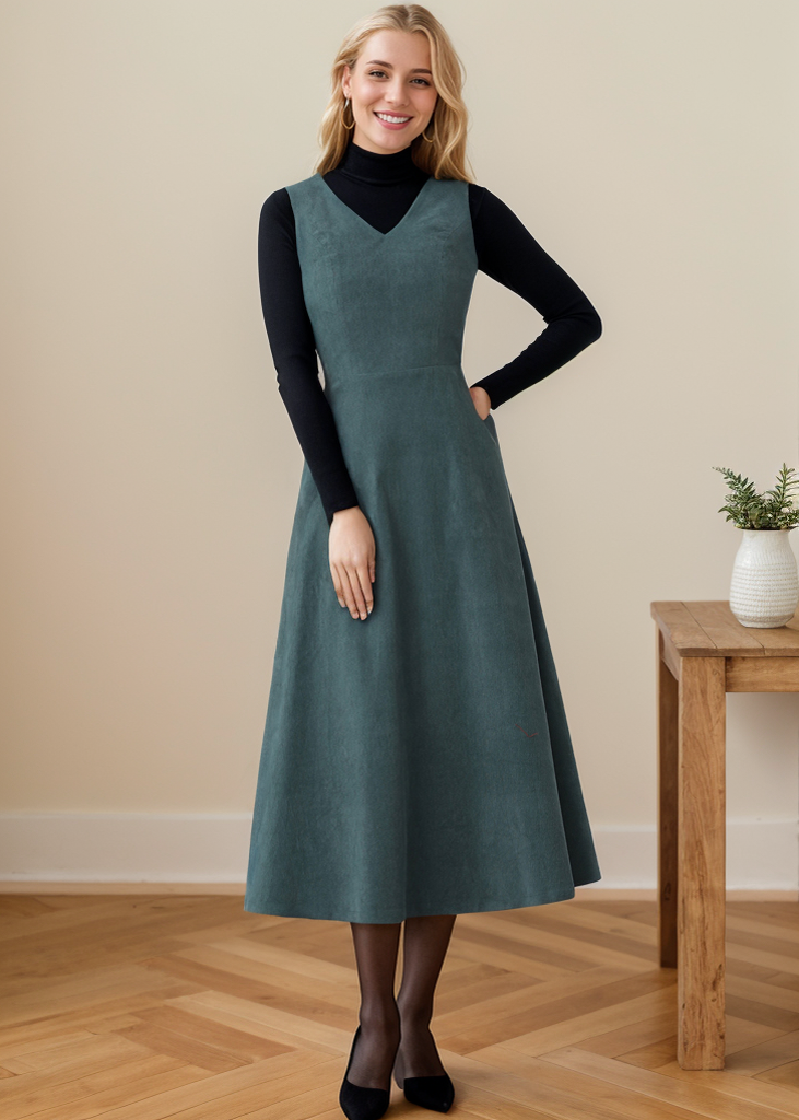 Green Sleeveless A-Line Corduroy dress C4361