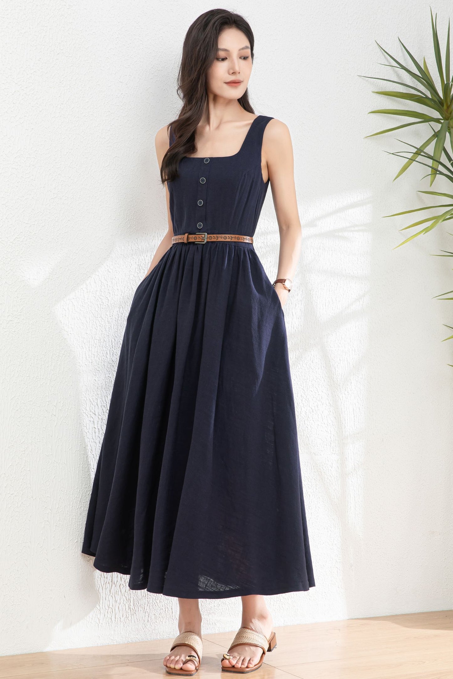 Square Neck Button Maxi Dress for Women c4984