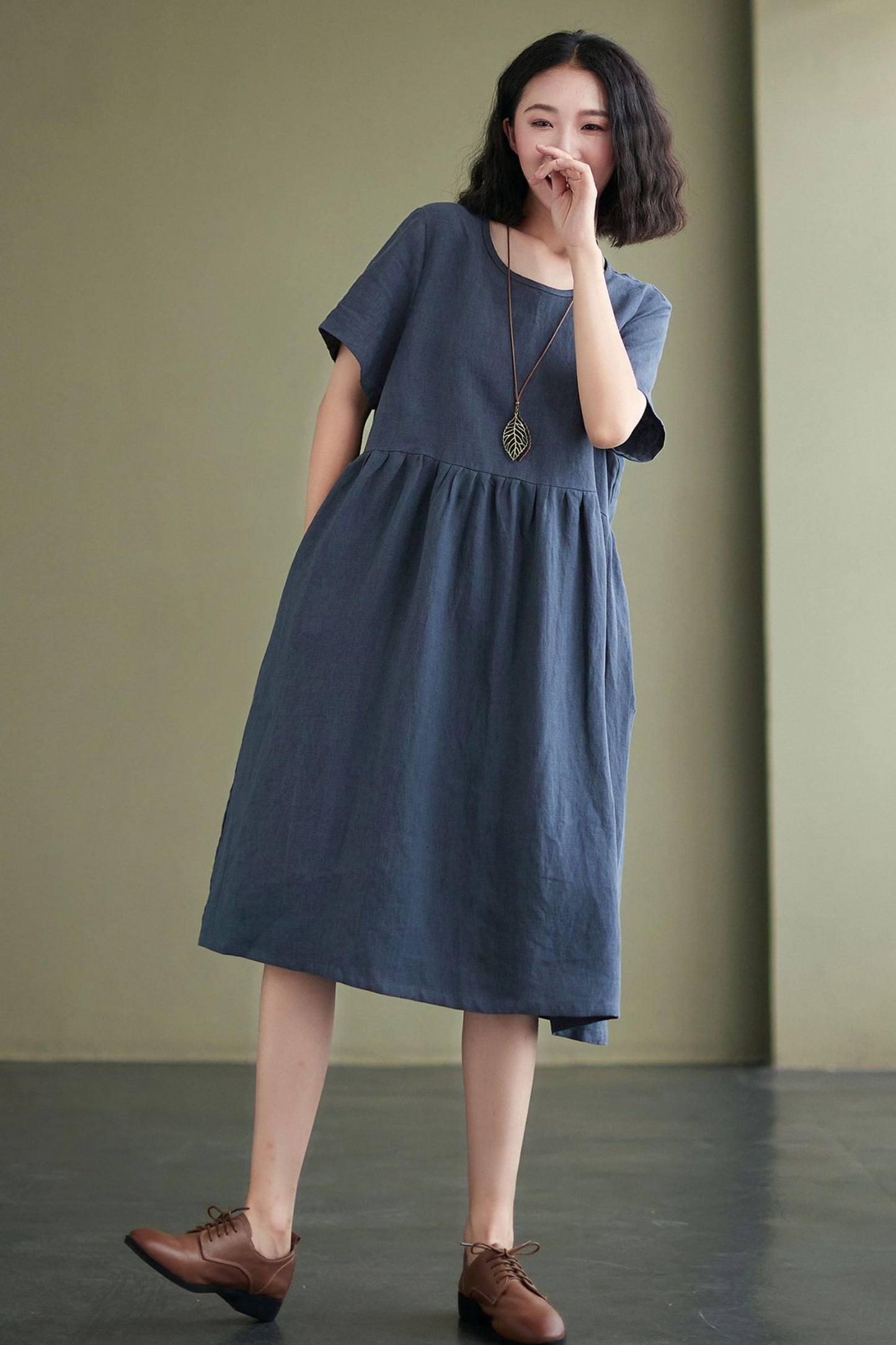 Blue Short Sleeve Knee Length Dress With Pockets C2429 -Size S #CK2100978