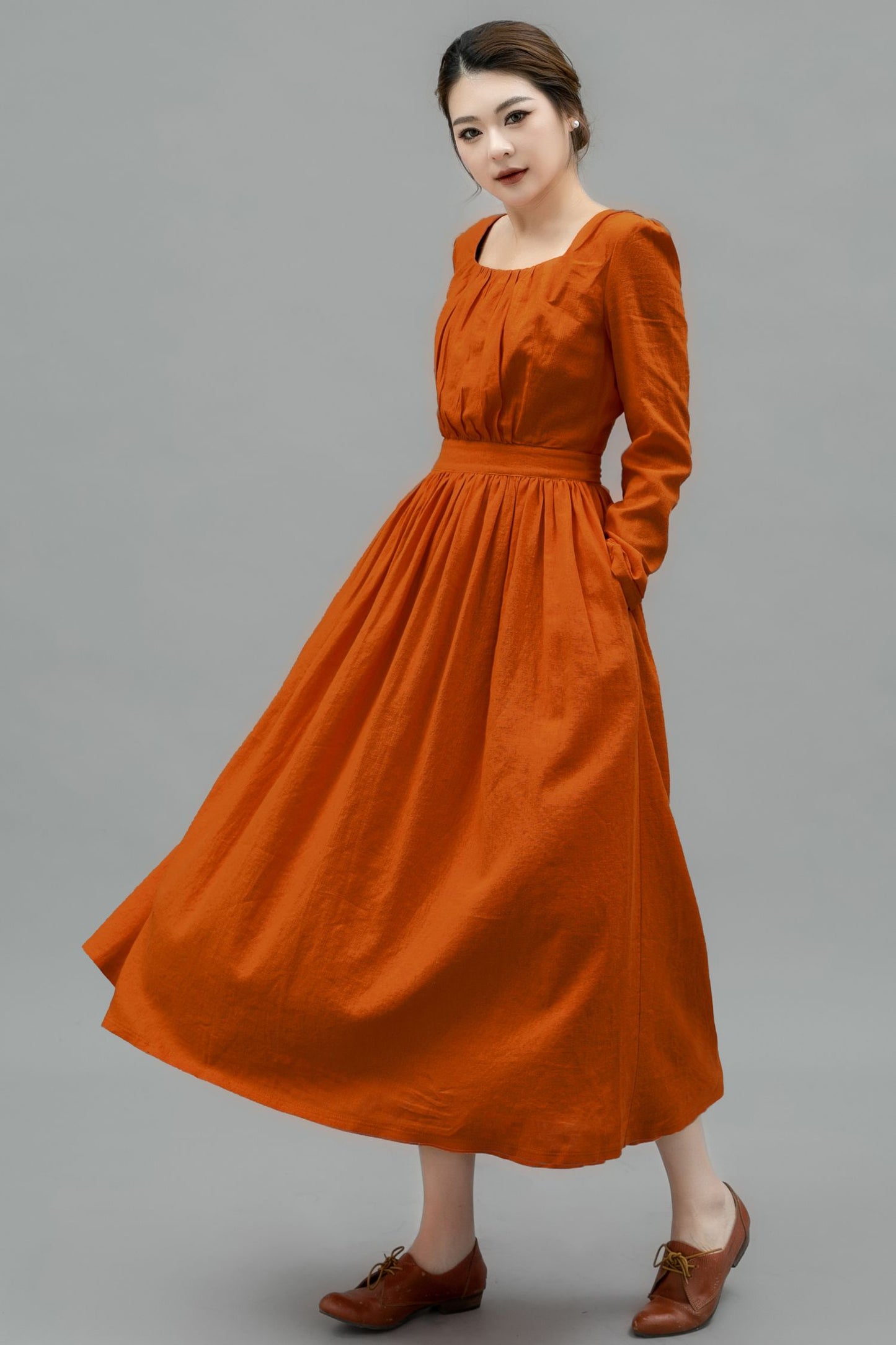Long Sleeve Orange Linen Dress for Women C4750