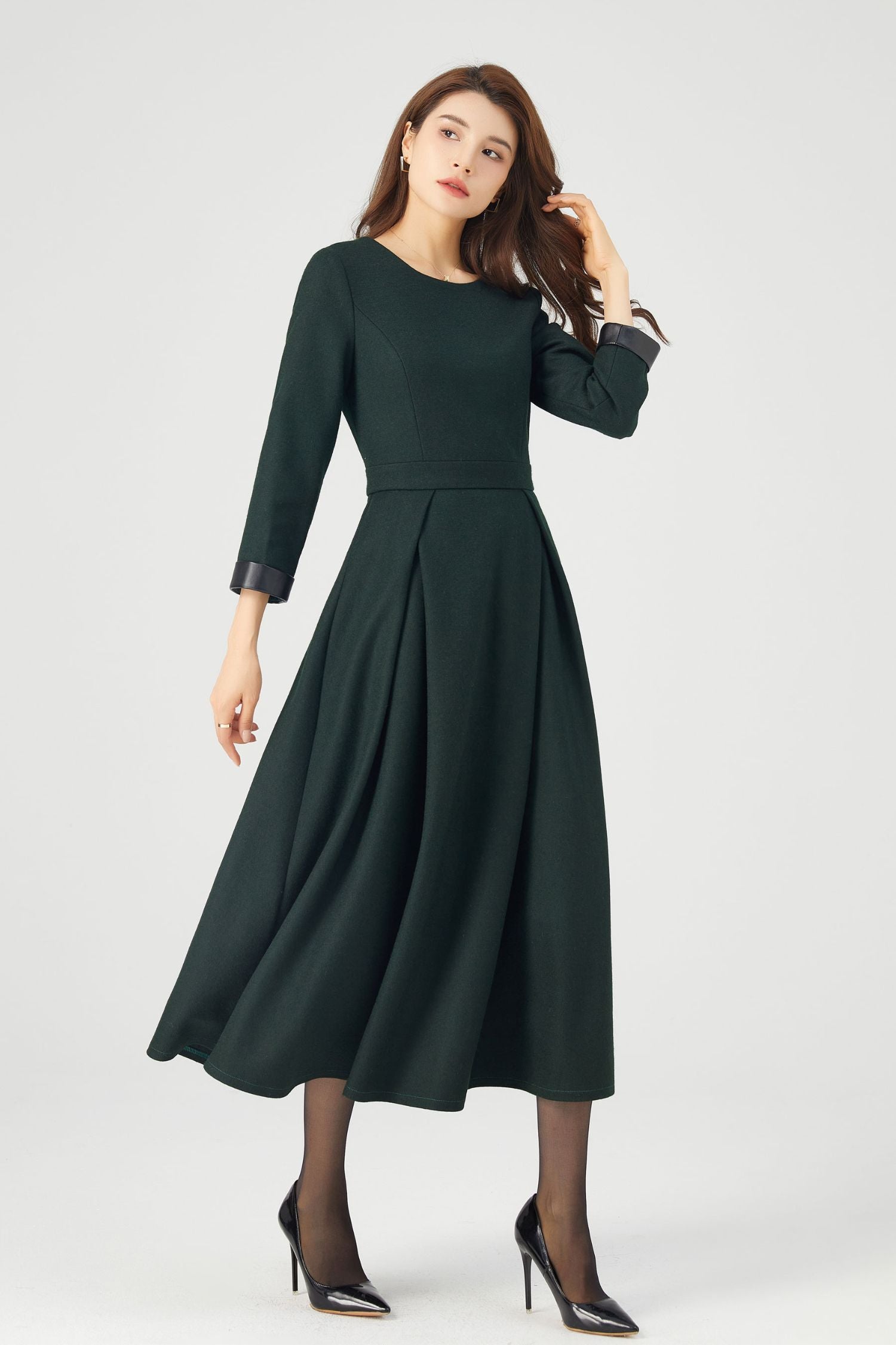 Womens Winter Green Midi Wool Dress C3682 YLISTYLE Womens Winter Green Midi Wool Dress C3682 YLISTYLE
