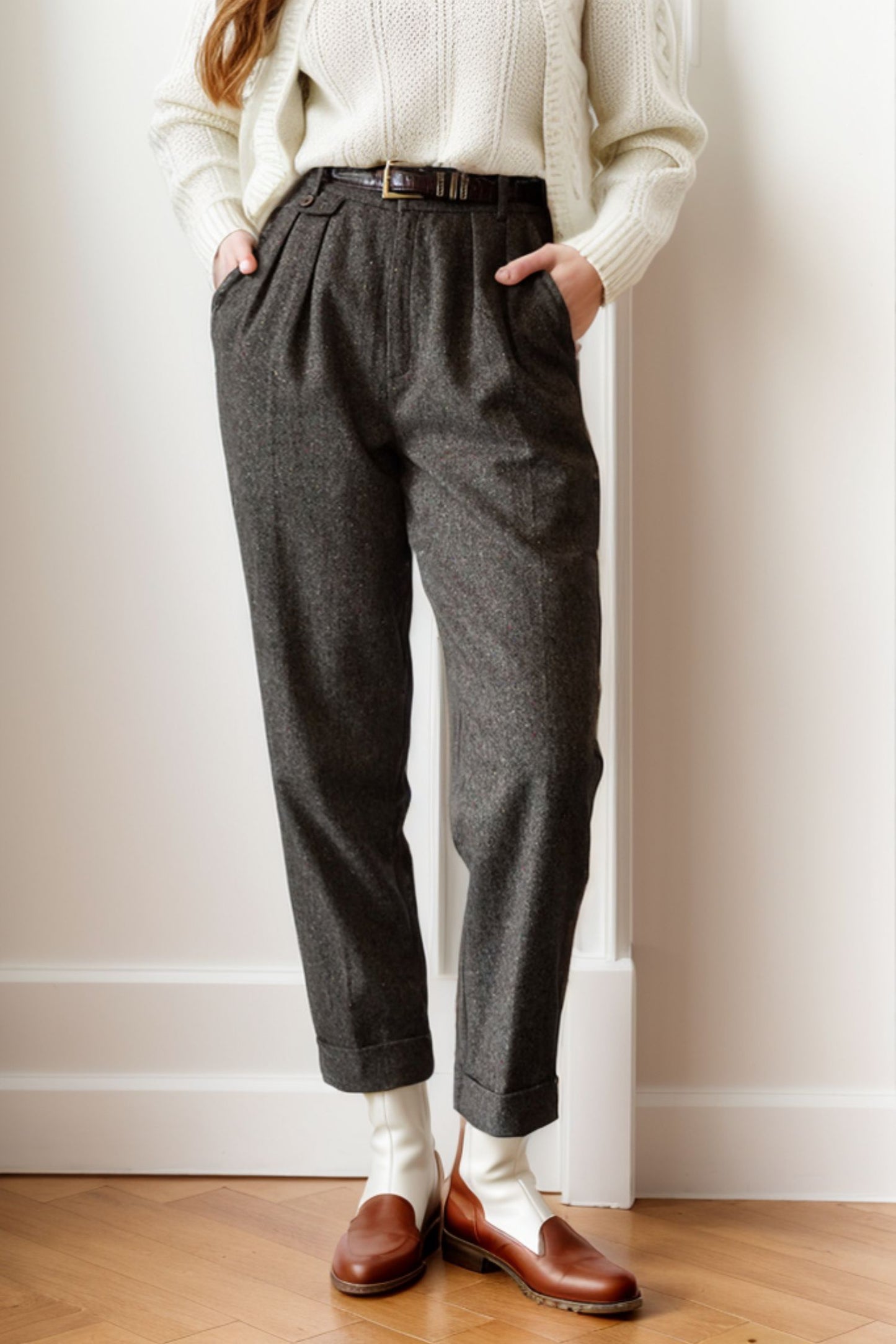 Autumn and winter Brown Wool Pants Women C4293