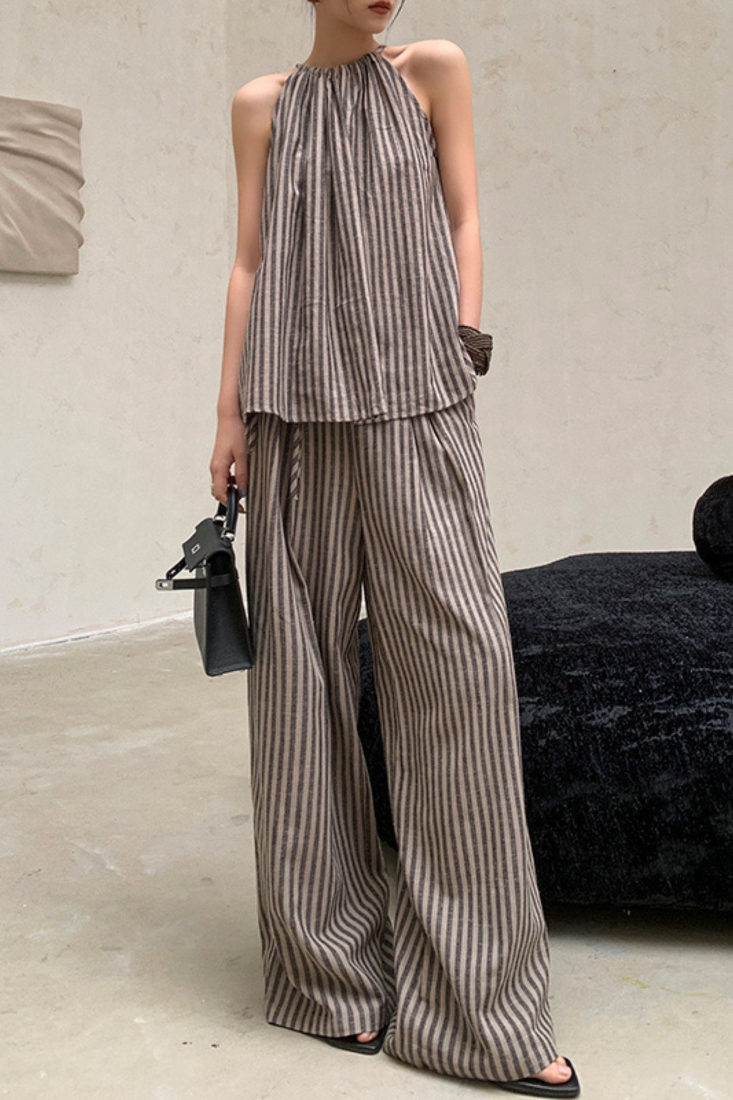 Curry Stripe High Waist Wide Leg Pants L0617