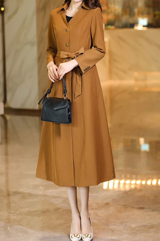 Orange Polyester Midi Dress - V-Neck and Belted Waist C3265
