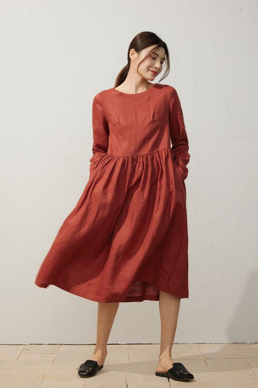 Orange Linen Midi Dress - Pleated, Loose Fit C3924