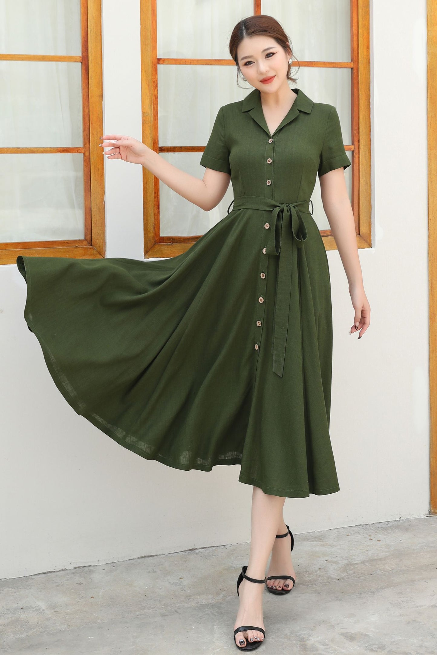 Green Linen Summer Shirt dress c4833