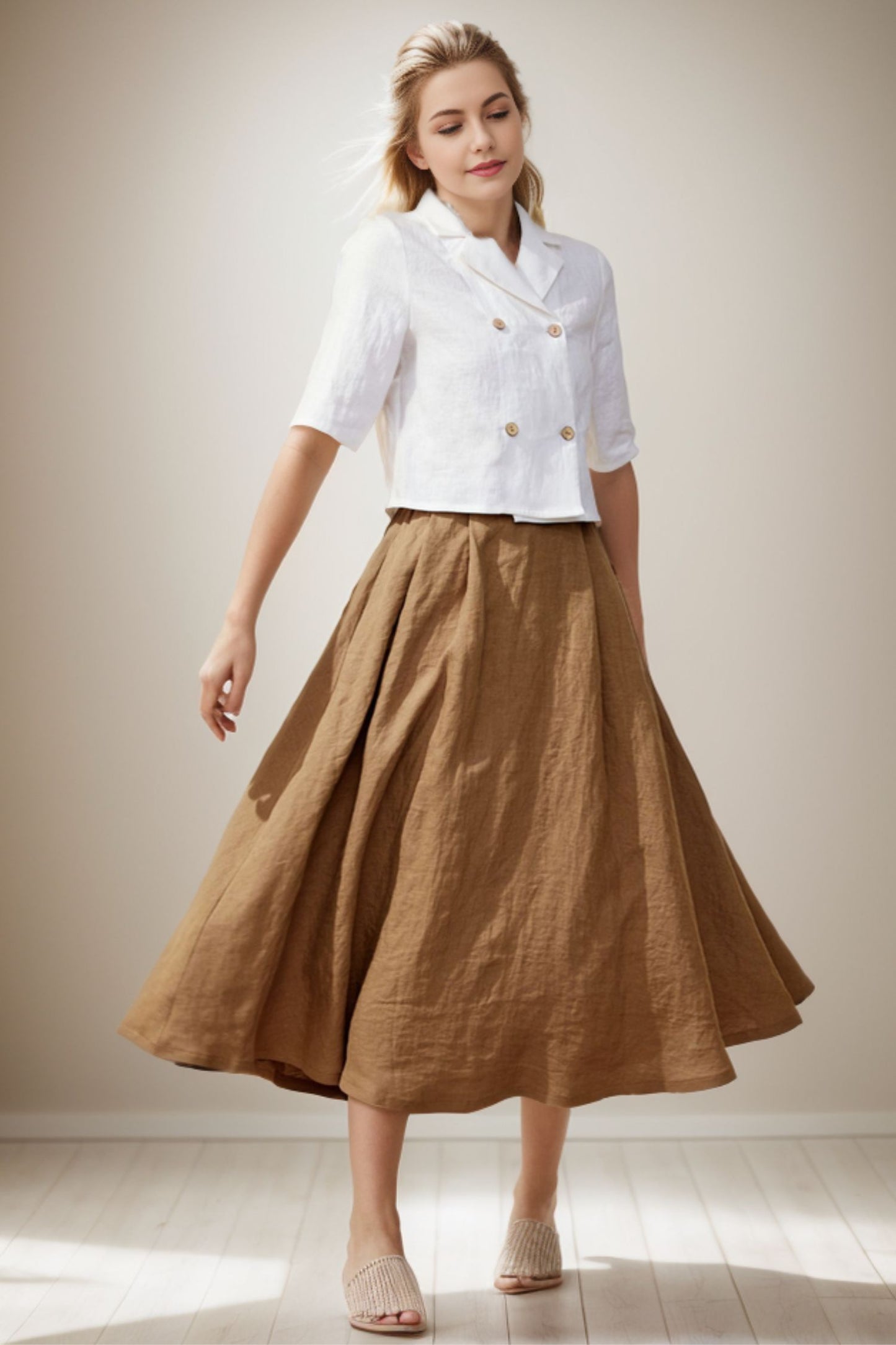 White Double Breasted Linen Shirt C4134
