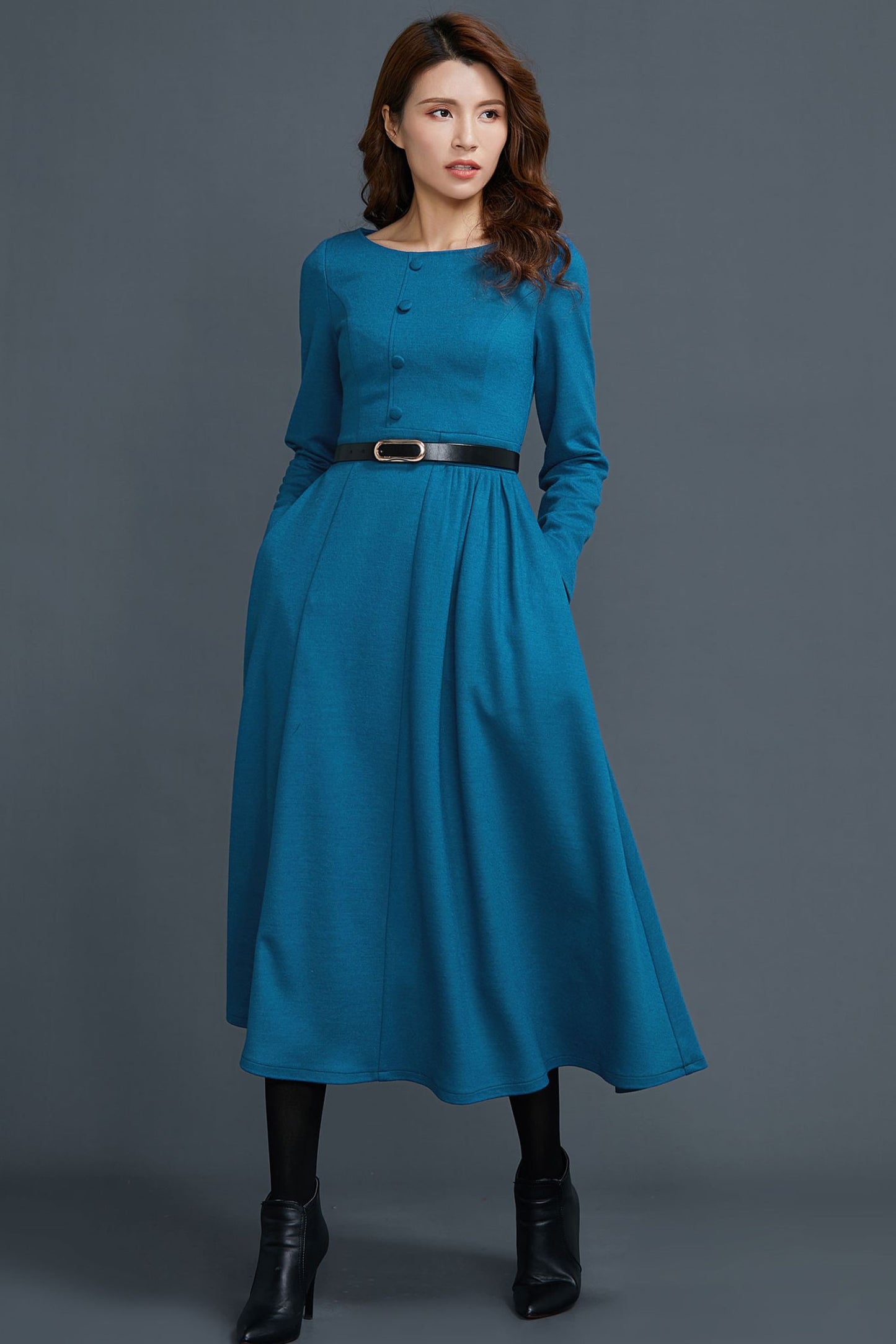 Long sleeves blue midi wool dress women C1654