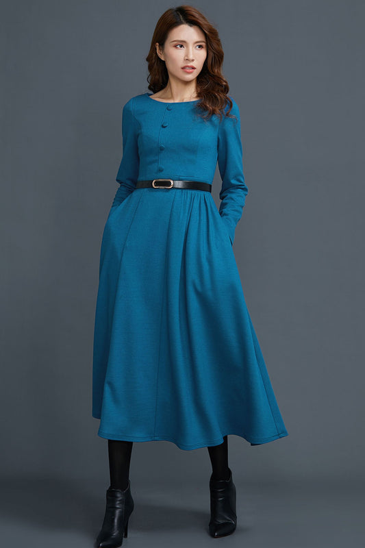 Blue Wool Midi Dress - Long Sleeve, Round Neckline, Side Pockets c1654