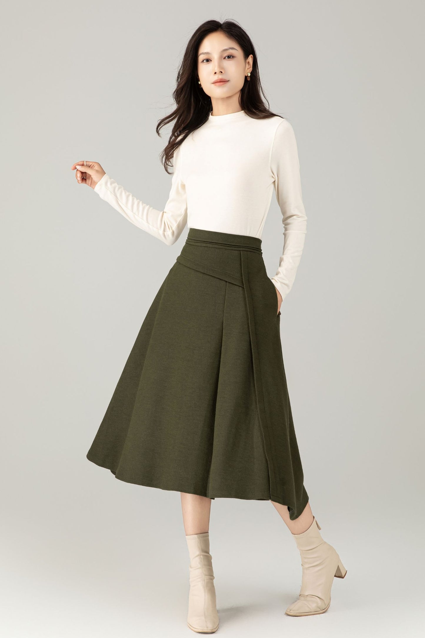 Green Wool Midi Skirt – A-Line Skirt with Pockets C5238