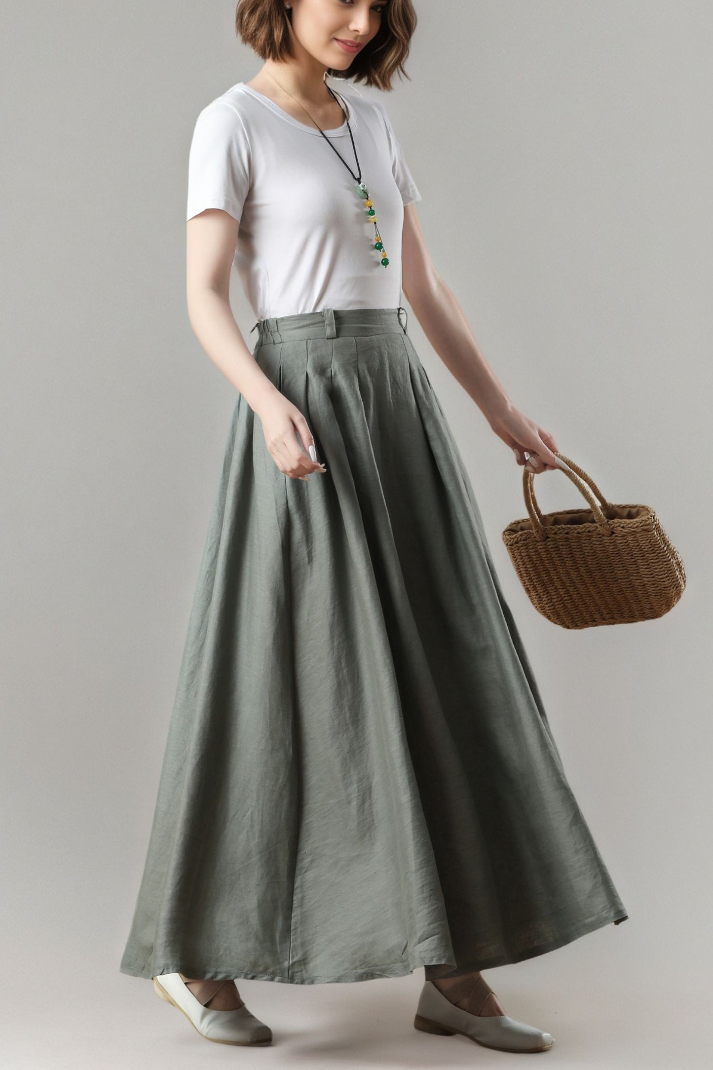 Green Linen Maxi Skirt, A-Line Swing Skirt, Plus Size, Ylistyle C5406