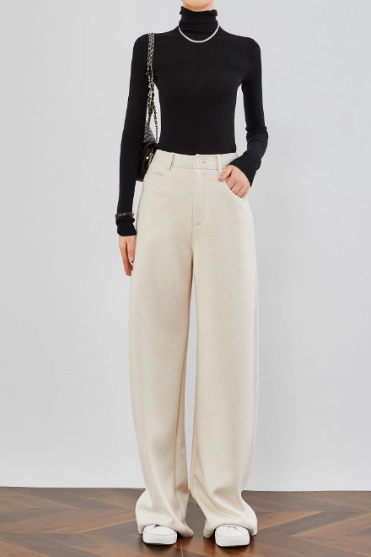 Wide leg beige long wool pants C4666