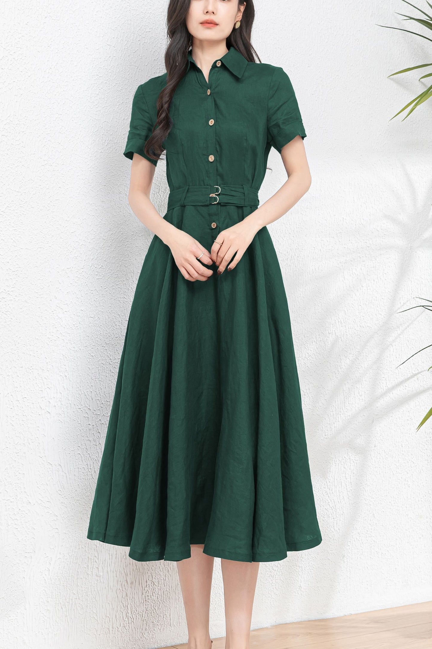 Dark Green Midi Linen Dress c4899
