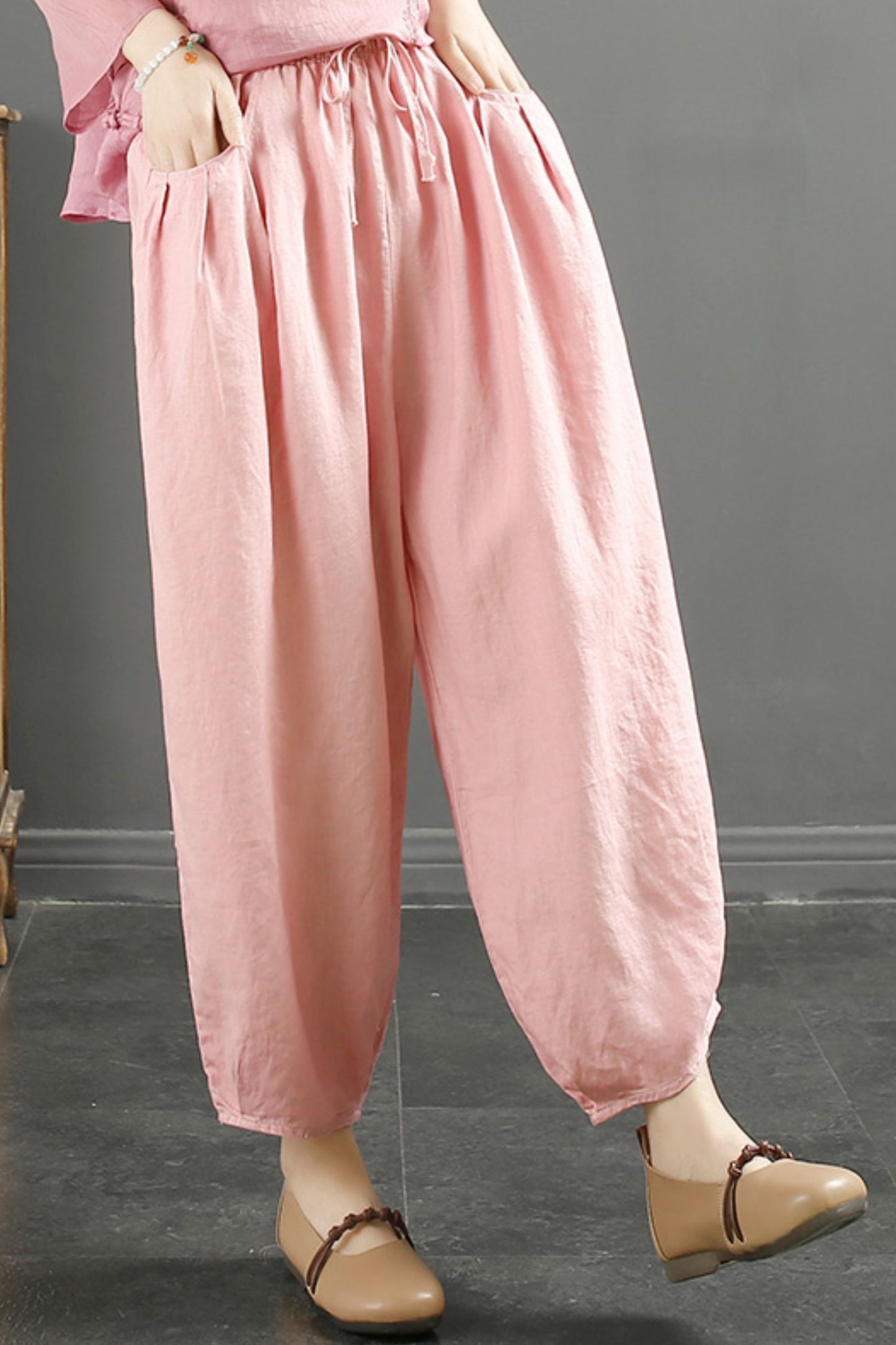 Casual Linen Women's Elastic Waist Tie Haren Pants C3894
