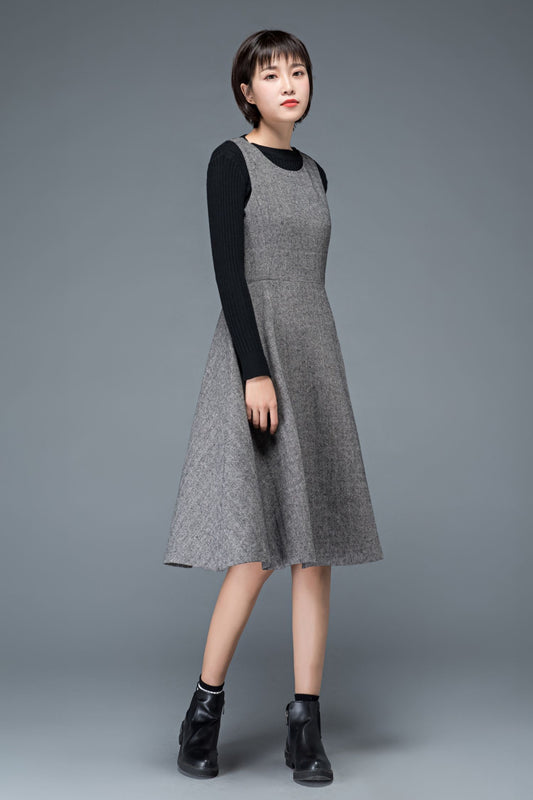 Gray Wool Fit and Flare Dress - Sleeveless, Winter Warmth c1191