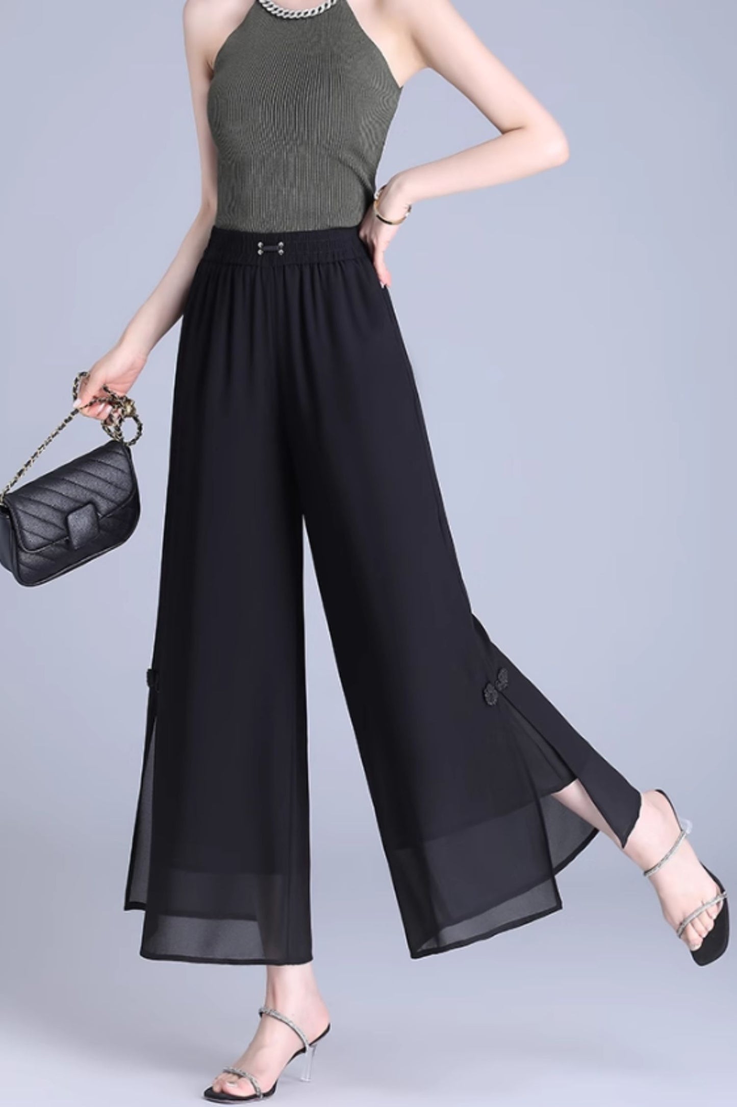 Elastic waist loose fitting chiffon pants C5022