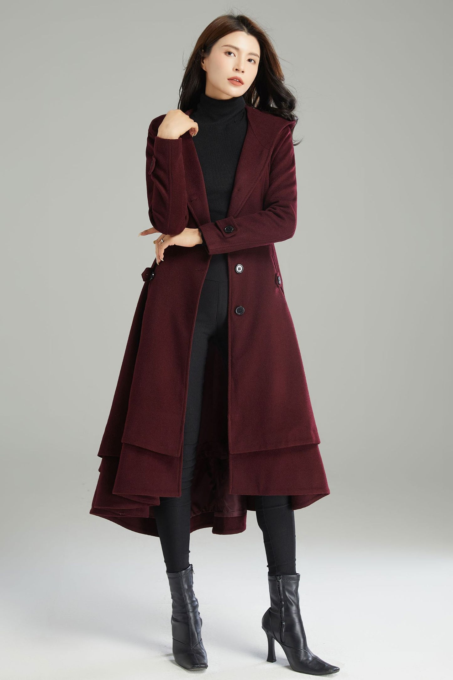 Women Long Hooded Wool Coat C2992