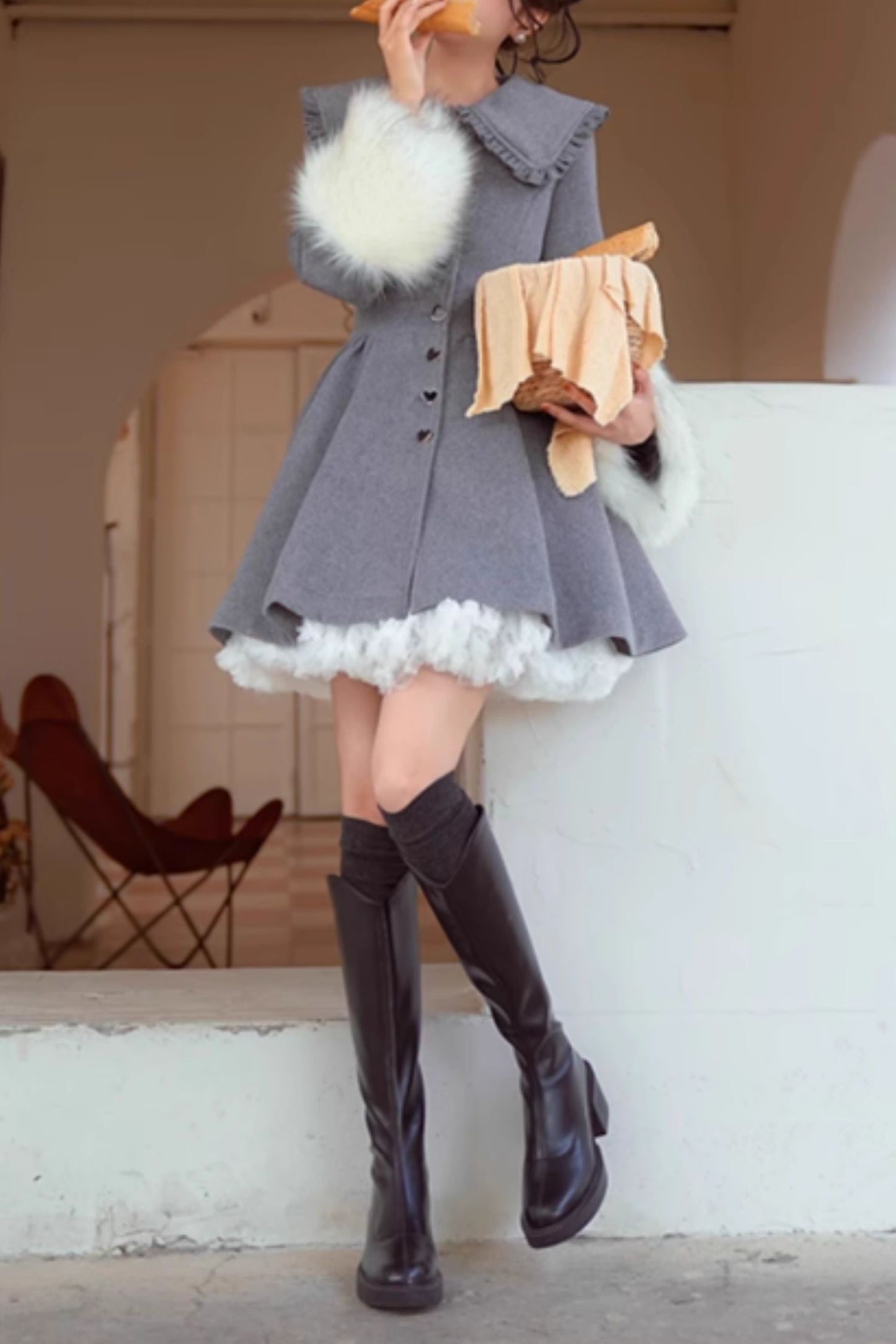 Gray fit and flare winter wool coat C5173