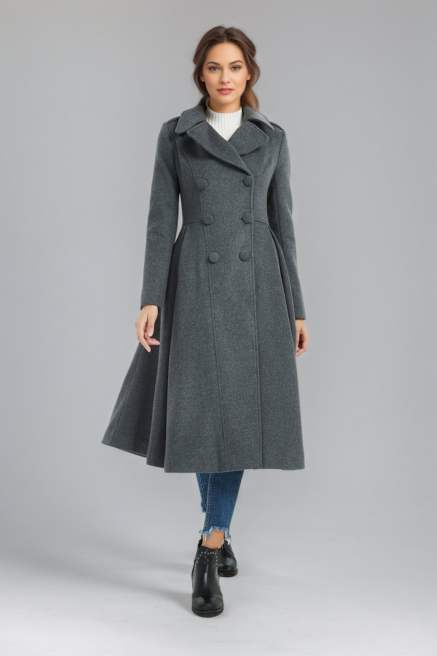 Double breasted long winter gray wool coat C5134