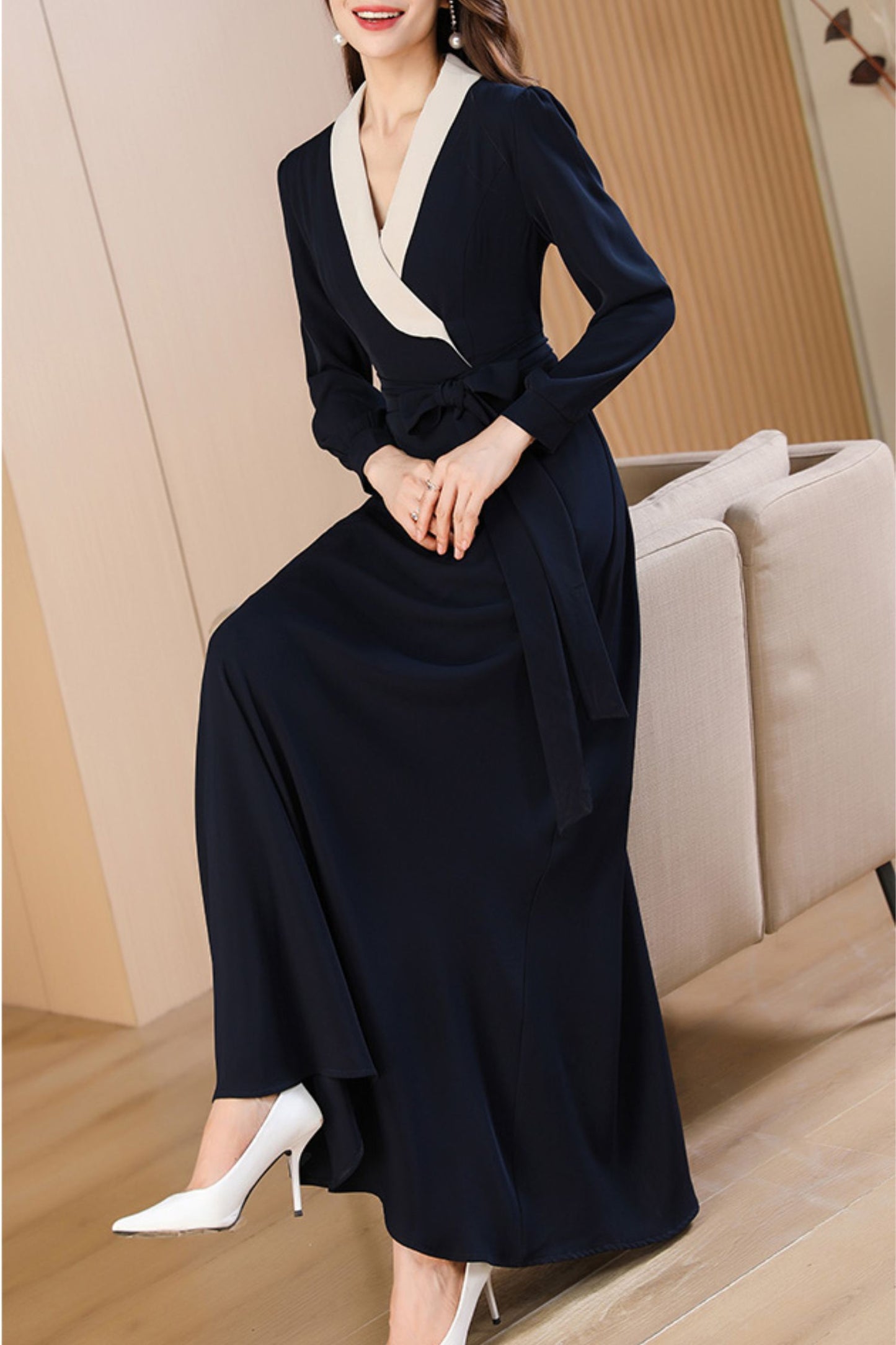 Navy blue spring and autumn V-neck long dress C4172
