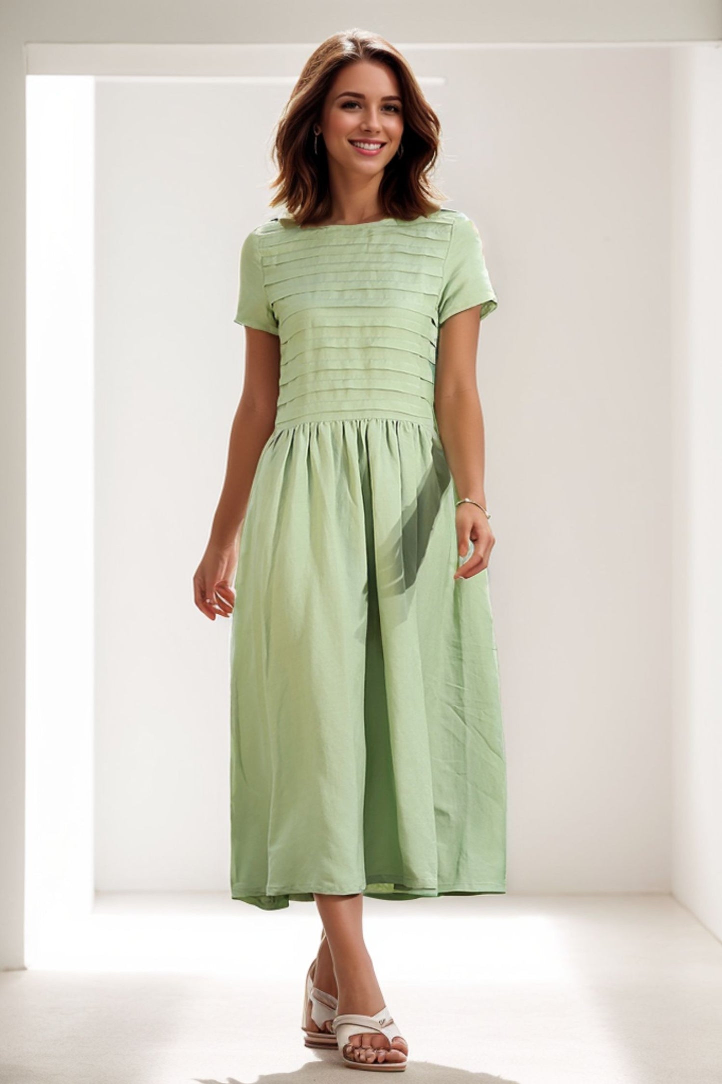 Loose Fitting Short Sleeve Unique Sweep Summer Dress in Lemon Green C258