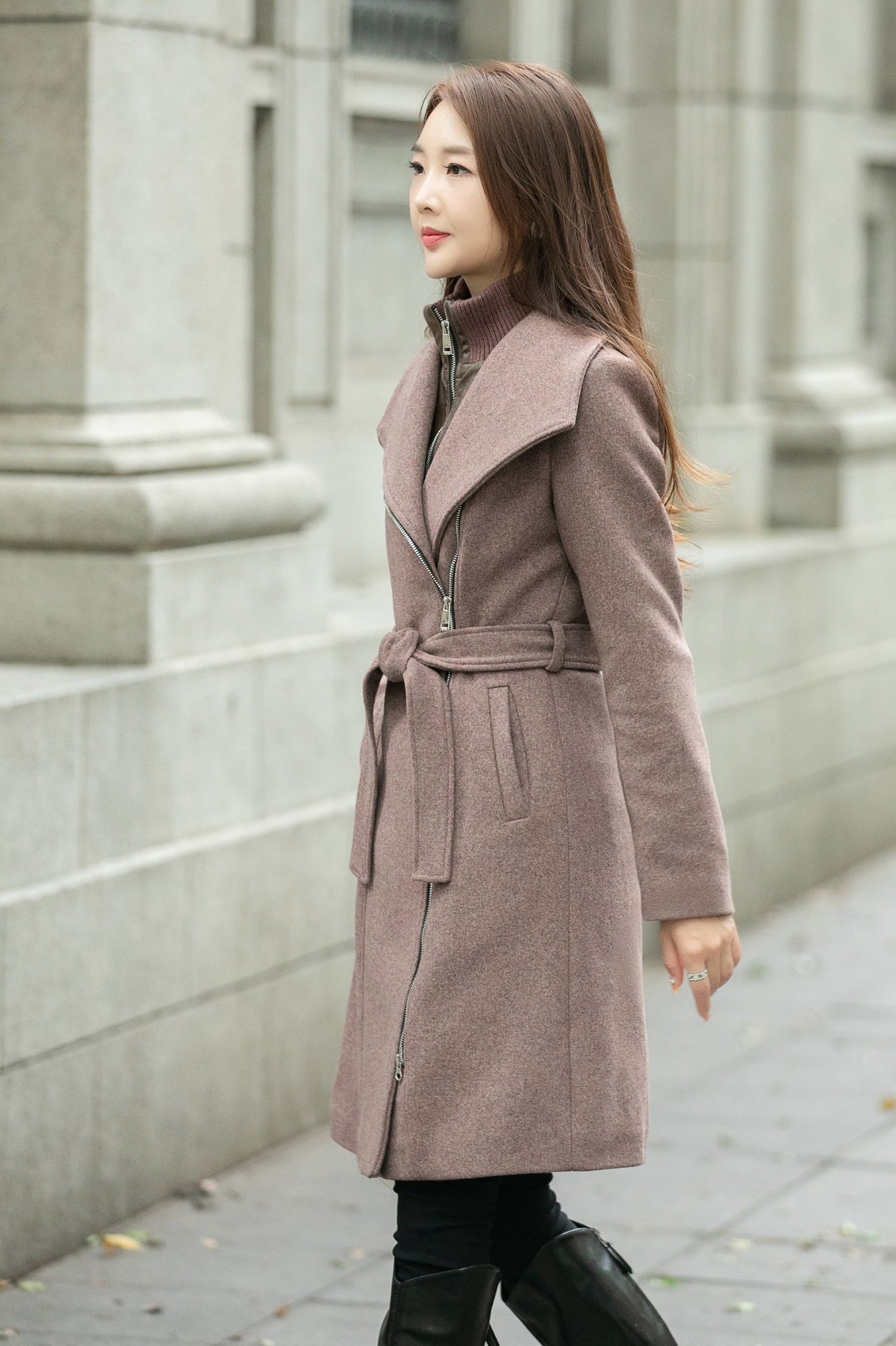 Tie belt asymmetrical winter wool coat C4508