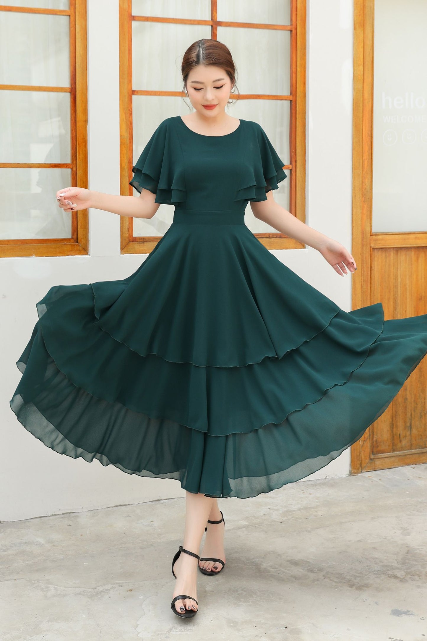 Green ruffle chiffon dress women C4832