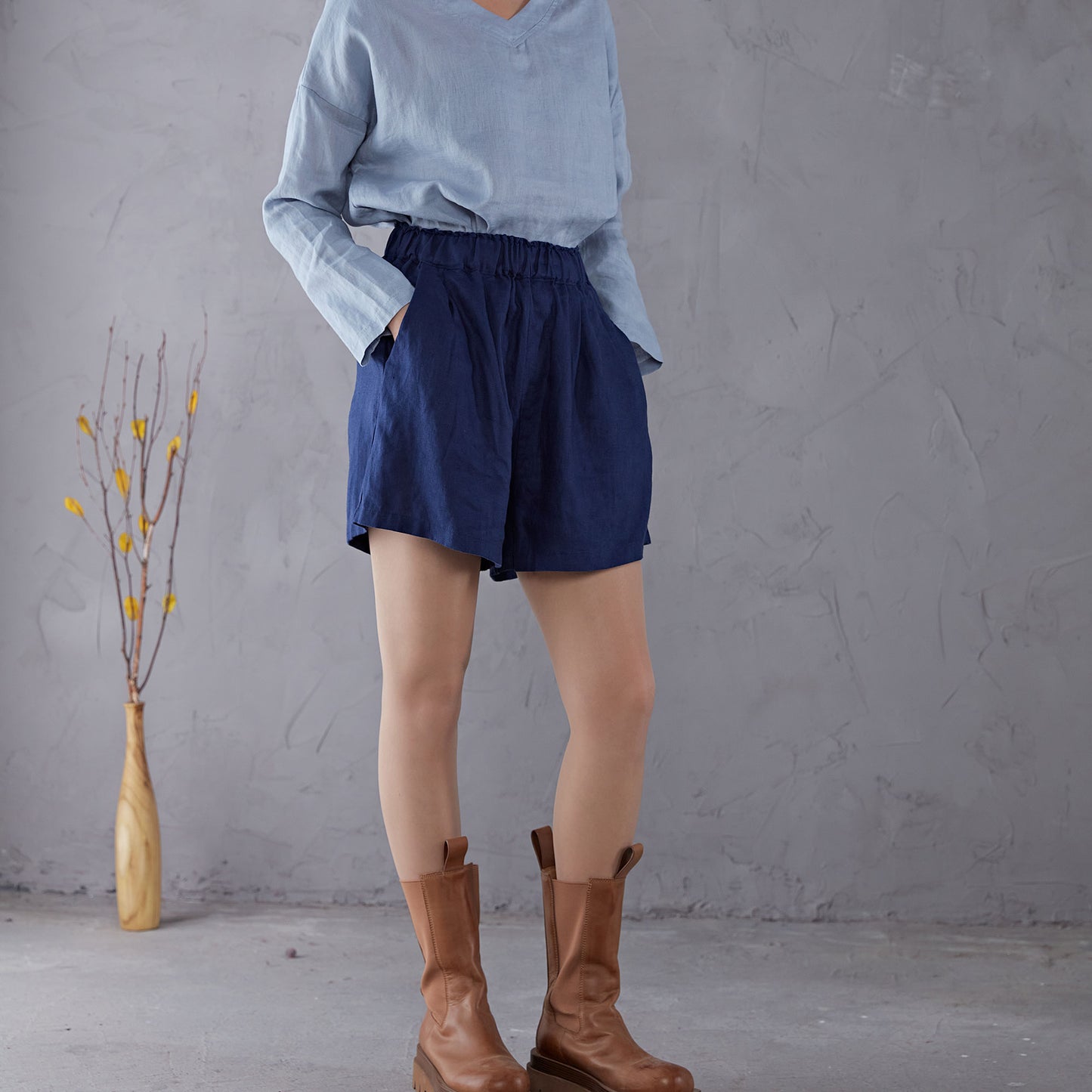 Blue High waist Linen Shorts C1906