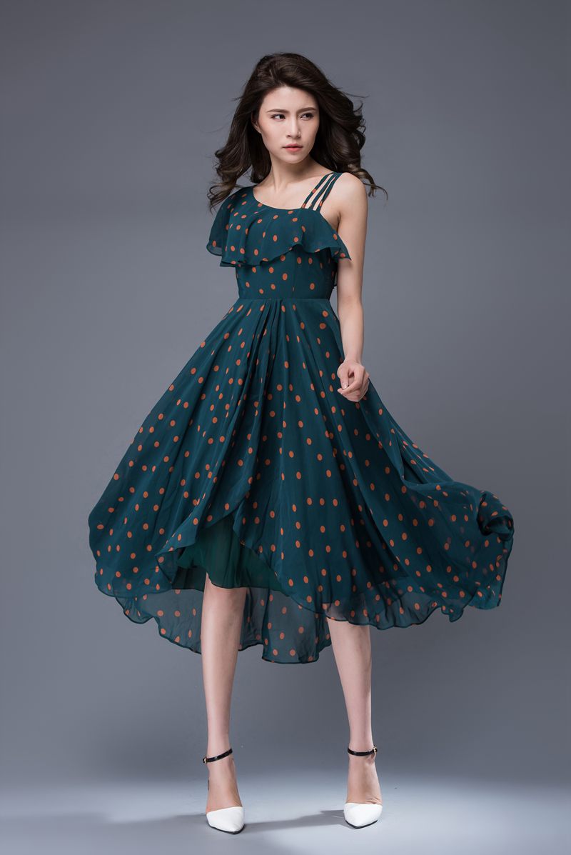 Dark Blue Polka Dot Chiffon Midi Dress with Asymmetrical One Shoulder Polka Dot / S