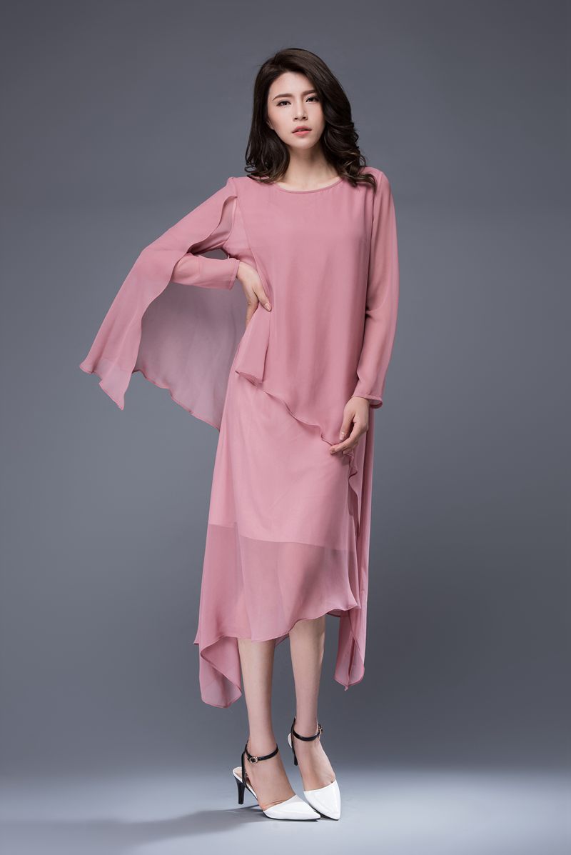 Long sleeves pink asymmetrical chiffon dress c877