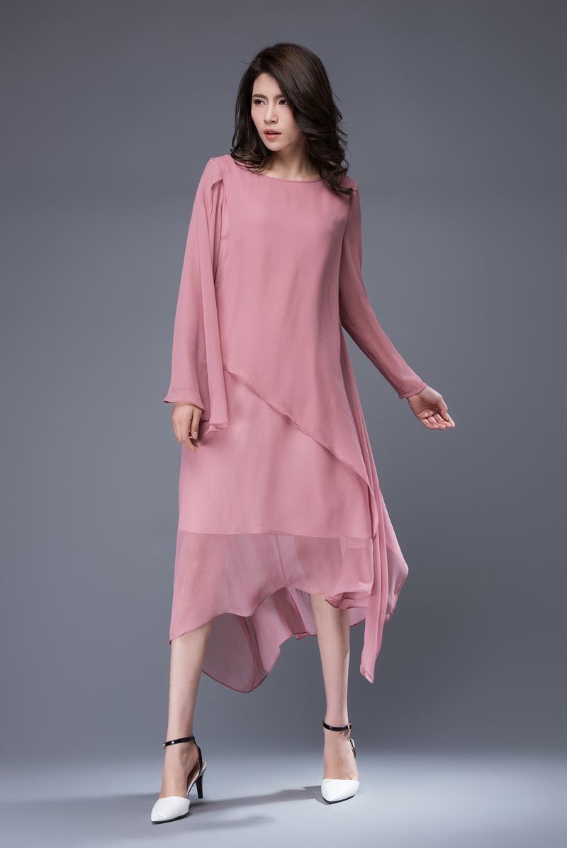 Long sleeves pink asymmetrical chiffon dress c877