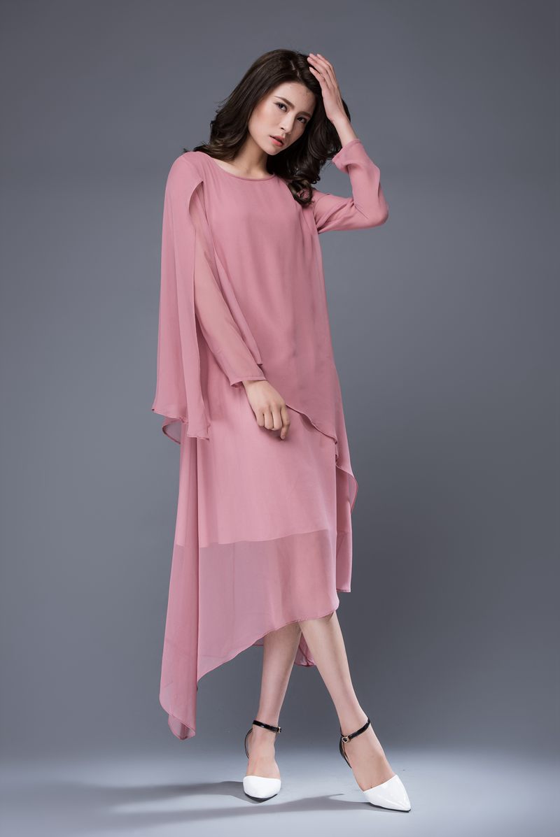 Long sleeves pink asymmetrical chiffon dress c877