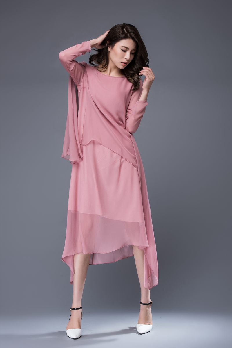 Long sleeves pink asymmetrical chiffon dress c877