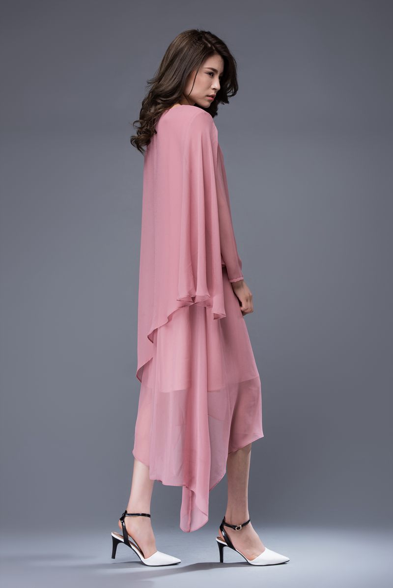 Long sleeves pink asymmetrical chiffon dress c877