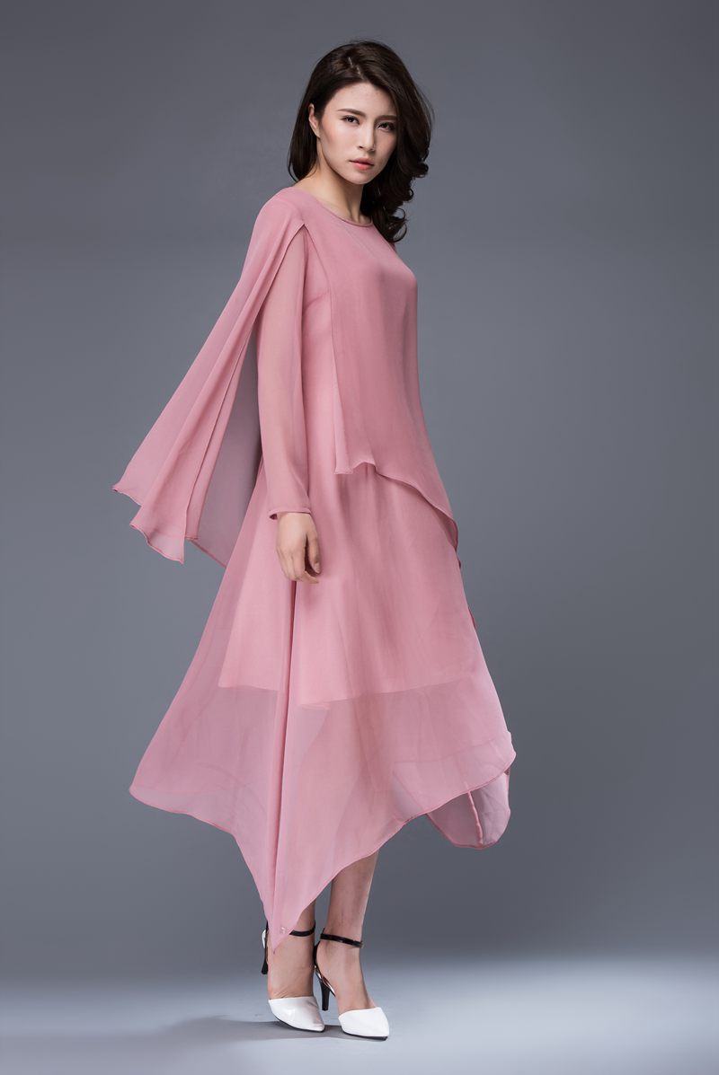 Long sleeves pink asymmetrical chiffon dress c877