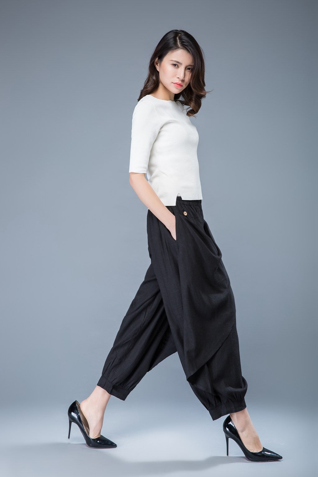 Wrap pants, linen pants, black harem pants C1054