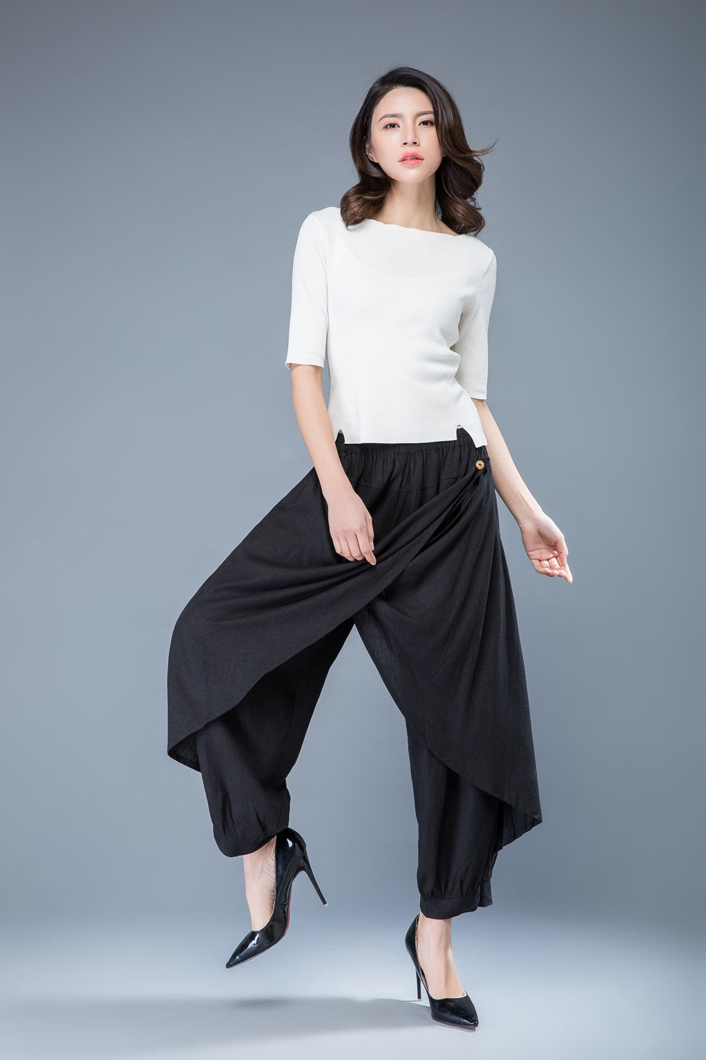 Wrap pants, linen pants, black harem pants C1054