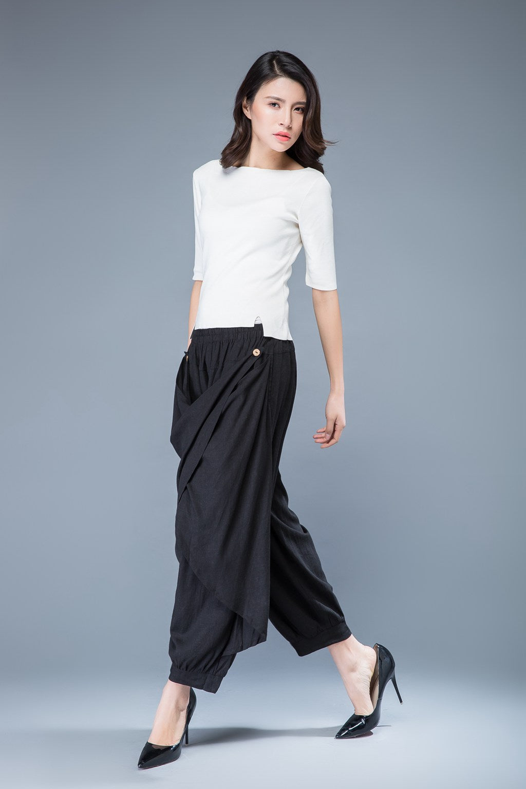 Wrap pants, linen pants, black harem pants C1054