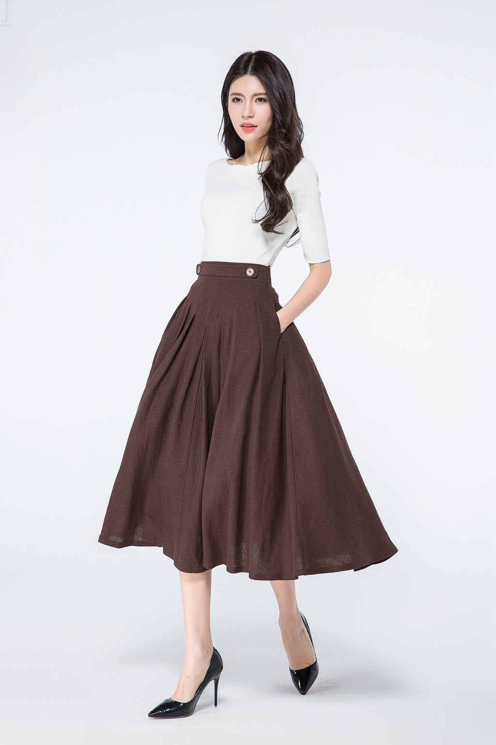 Vintage Inspired Linen Skirt with Pockets C3941