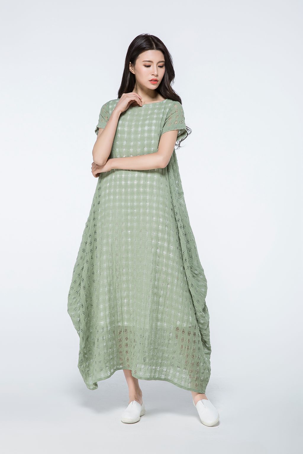 Plus size summer green plaid dress c1070