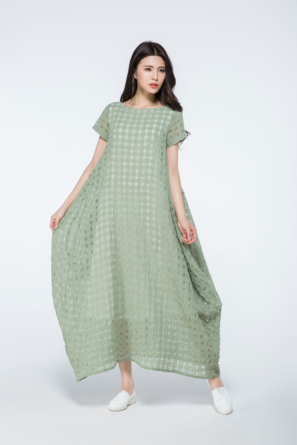 Plus size summer green plaid dress c1070