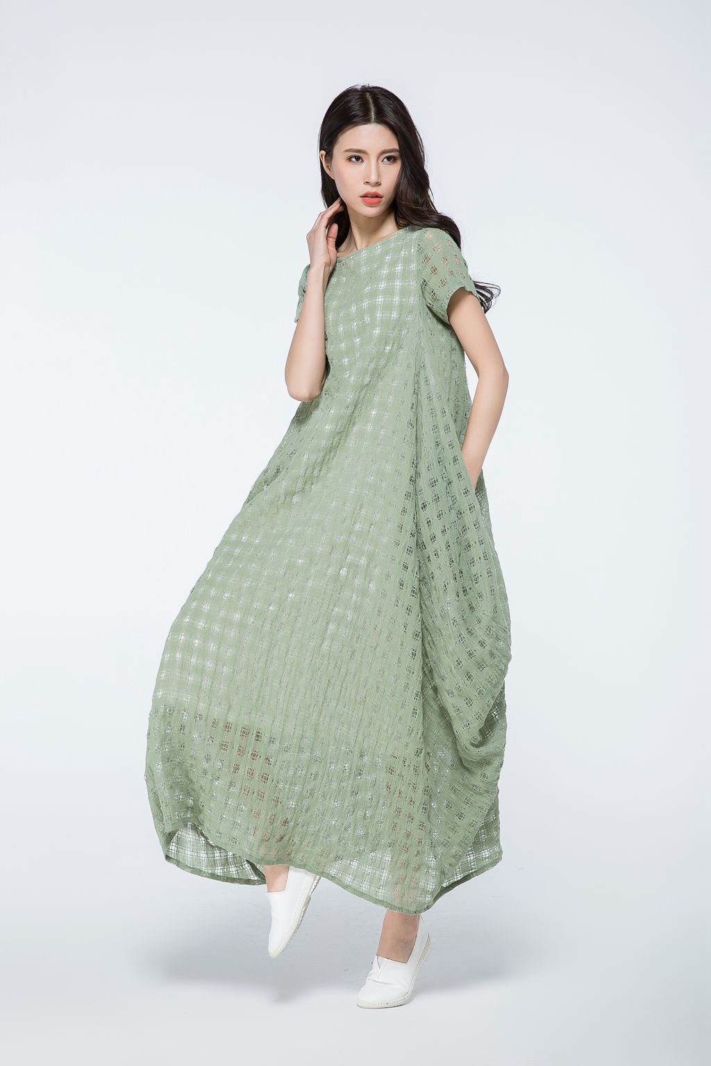 Plus size summer green plaid dress c1070