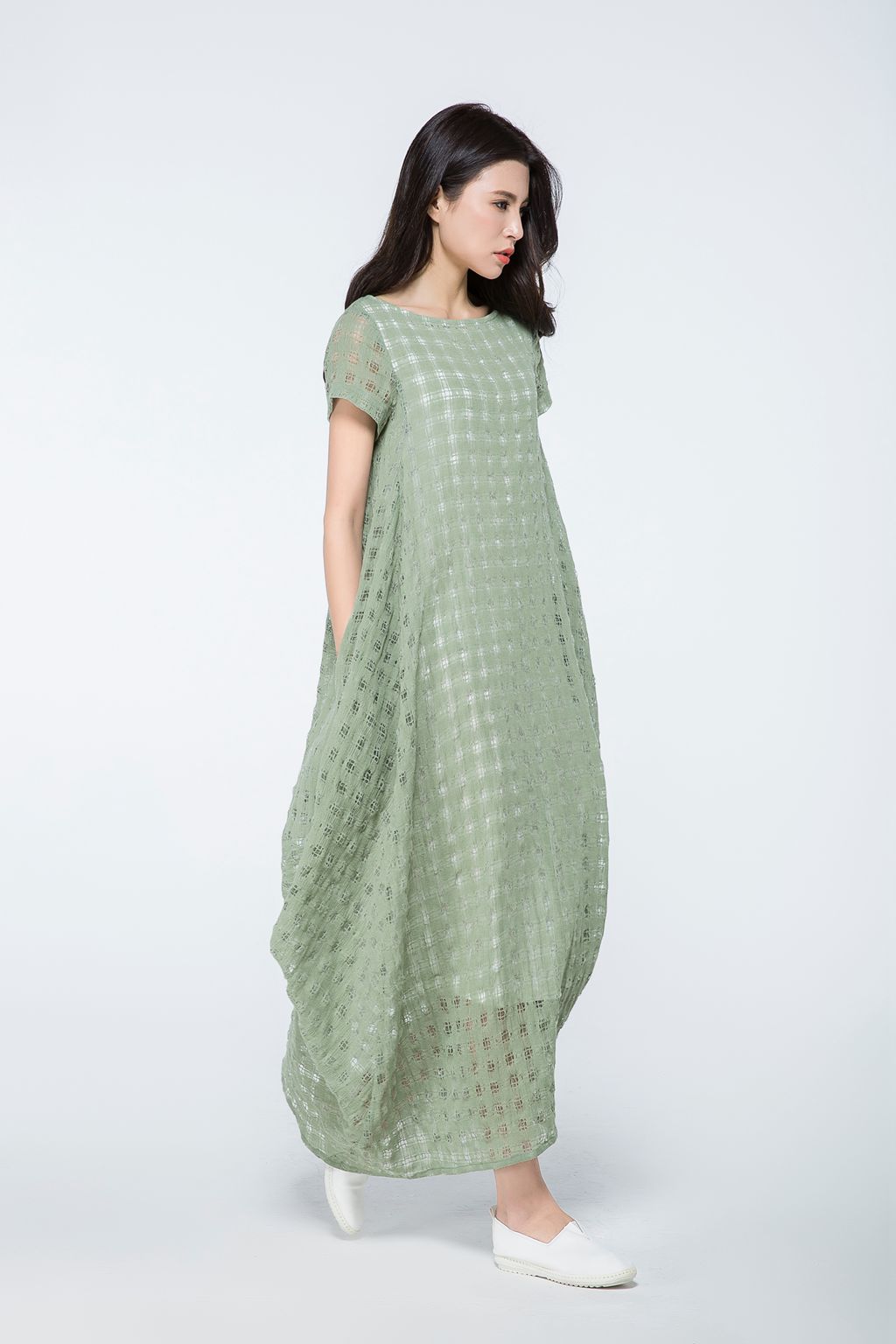 Plus size summer green plaid dress c1070