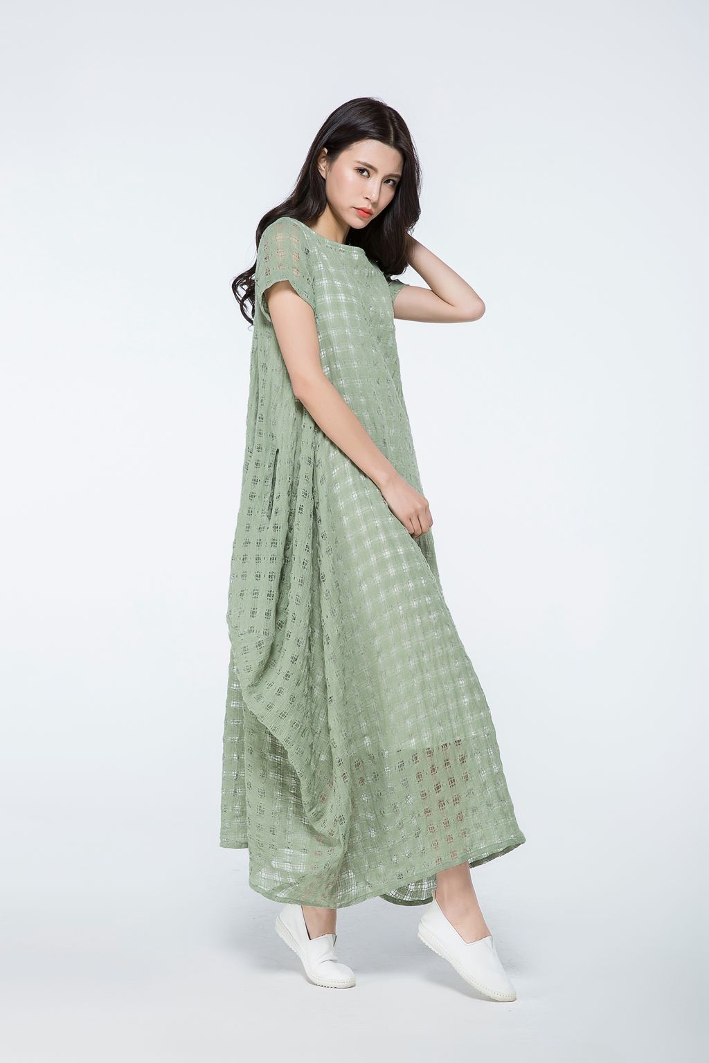 Plus size summer green plaid dress c1070