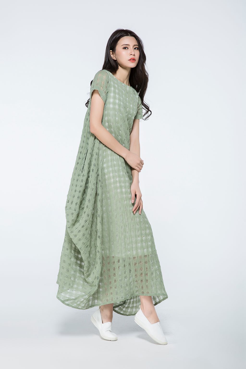 Plus size summer green plaid dress c1070
