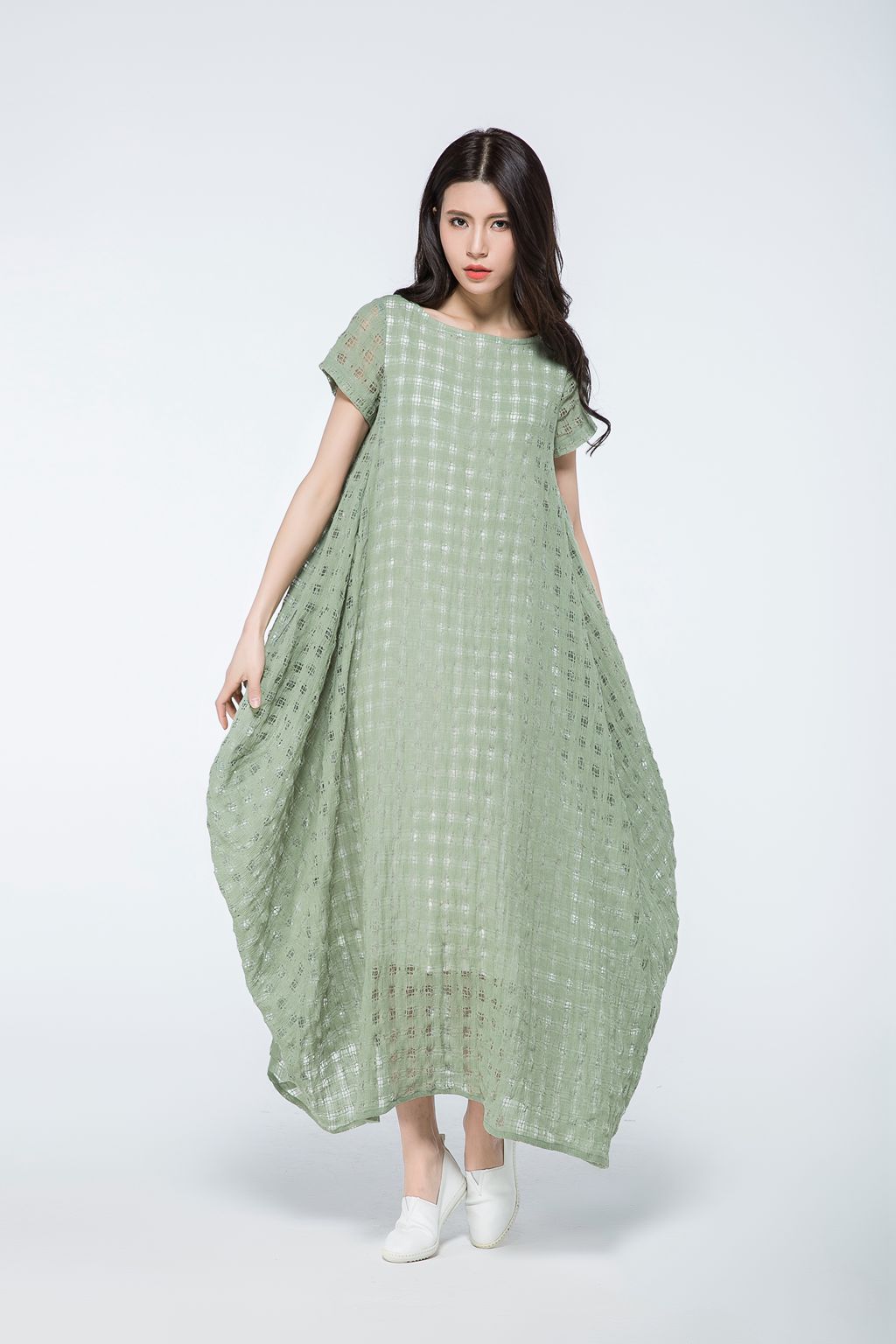 Plus size summer green plaid dress c1070