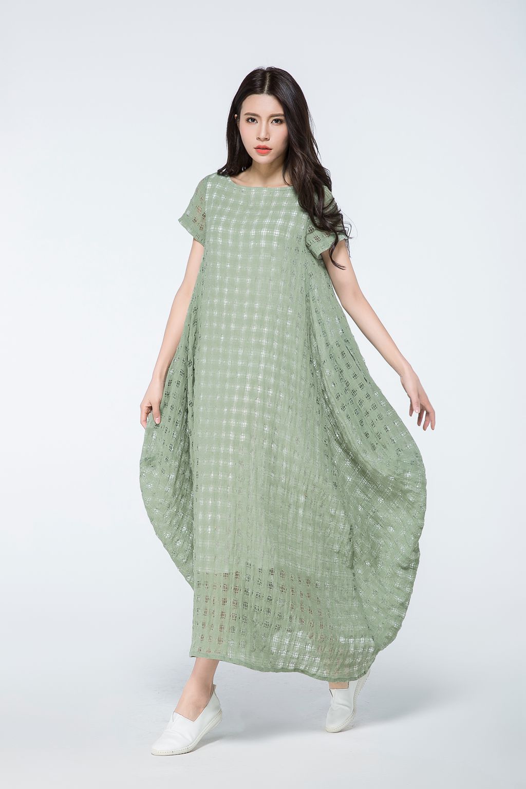 Plus size summer green plaid dress c1070